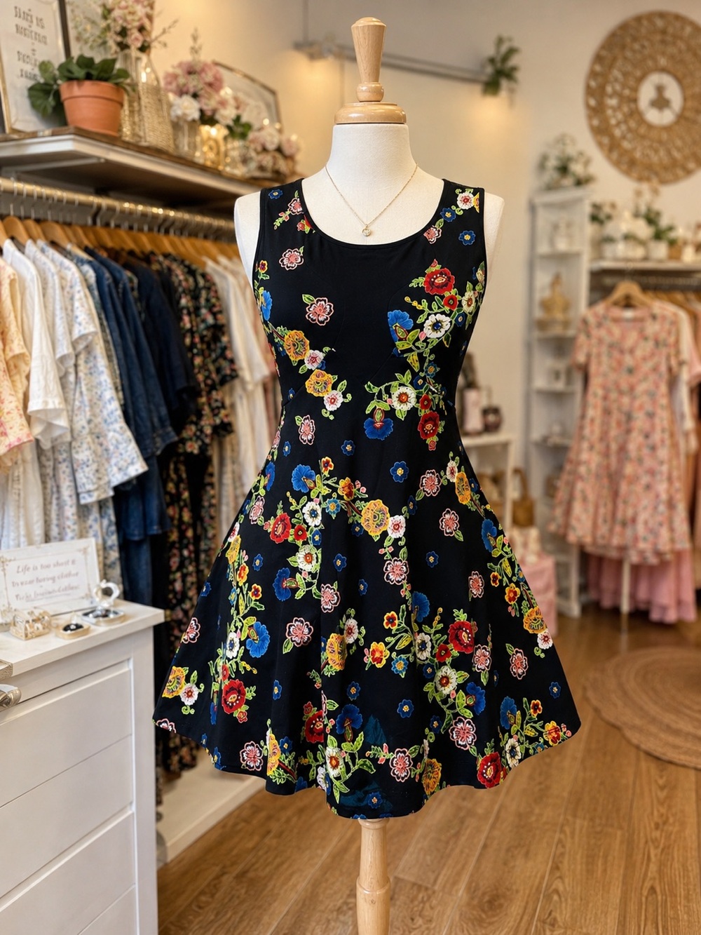 Black Floral Mini Noble U Mesh Cutout Cottagecore Festival Dress Sz L, Fits M